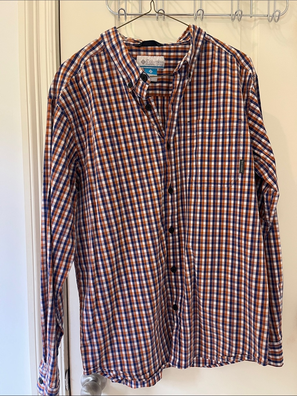 Columbia Orange Navy White Plaid Button-Down Shirt